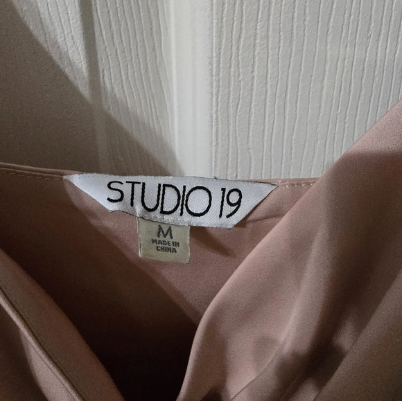 NWOT Studio 19 Y2K Blush Pink Satin Mini Slip Dress/Tunic, Pleated Wrap Neckline - Picture 9 of 12